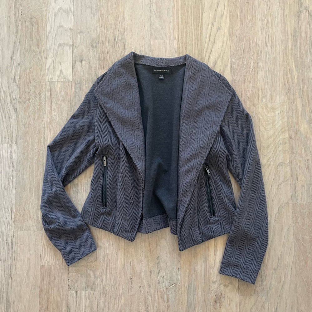 Banana Republic Gray and Black Blazer/Jacket With Faux Leather Detail